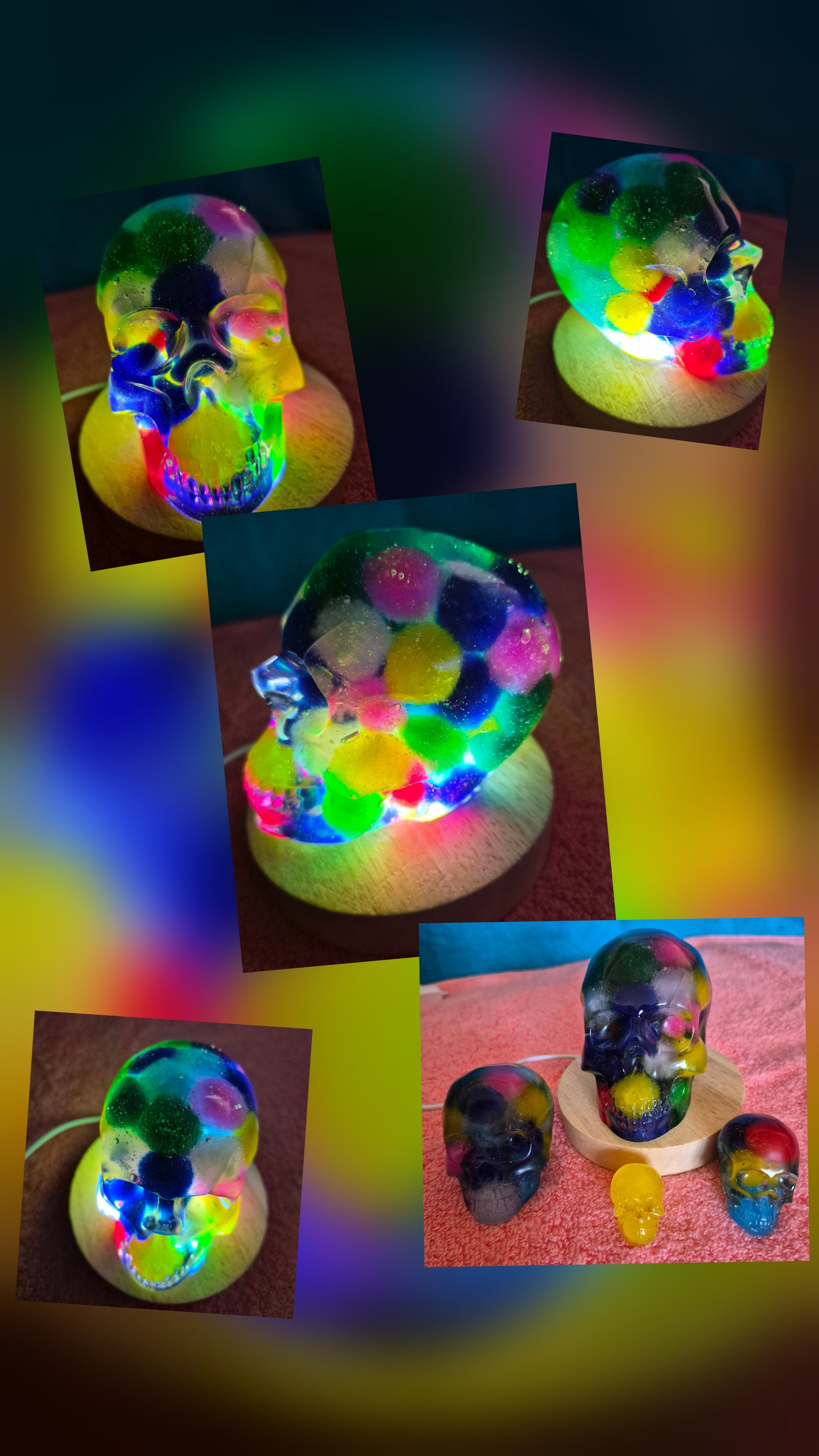 One of a kind,  set of 4 pompoms in handmade resin skulls, 1 base with light included