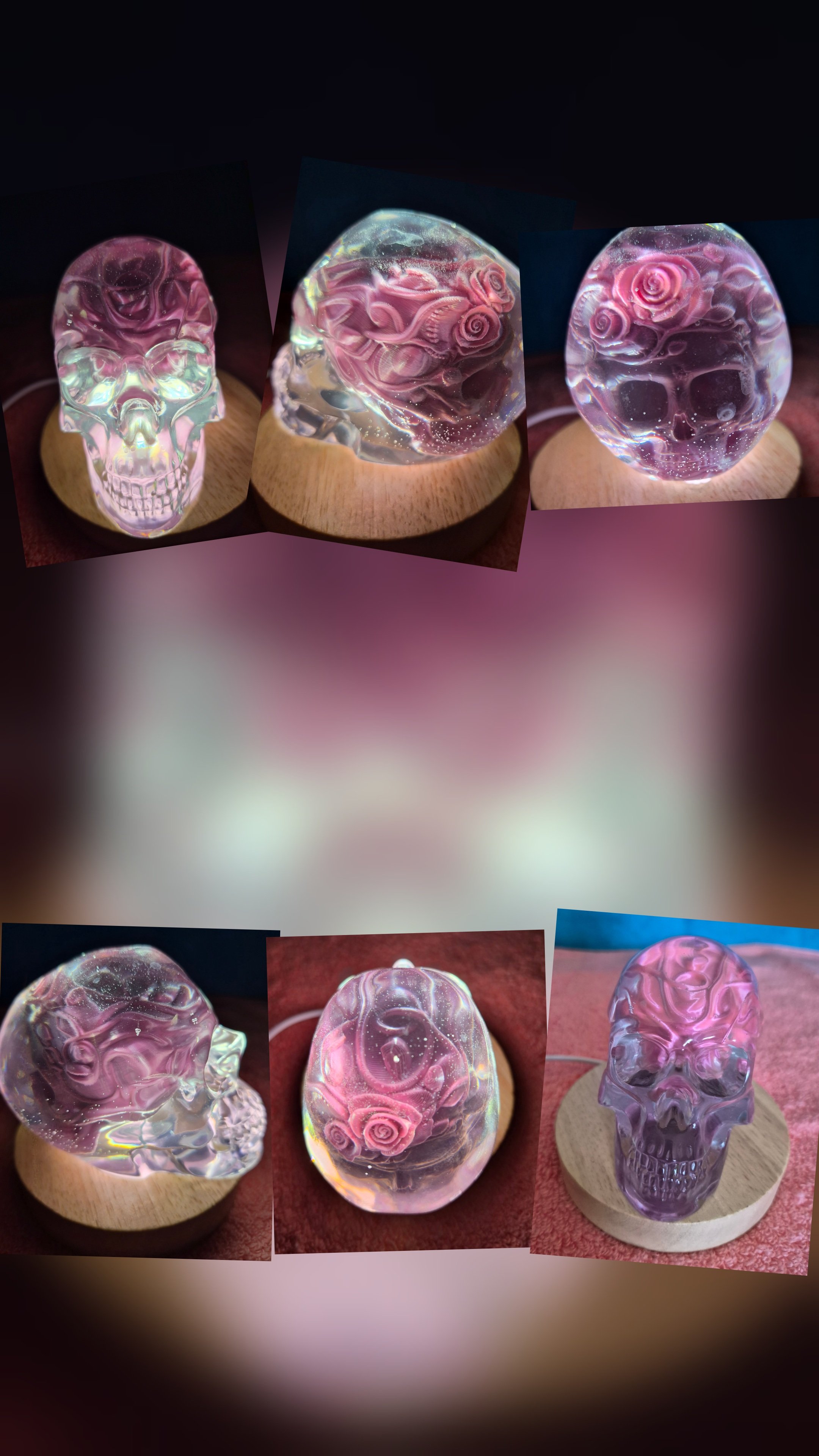 One of a kind,  rosed and skull in a handmade resin skull,  base with light included