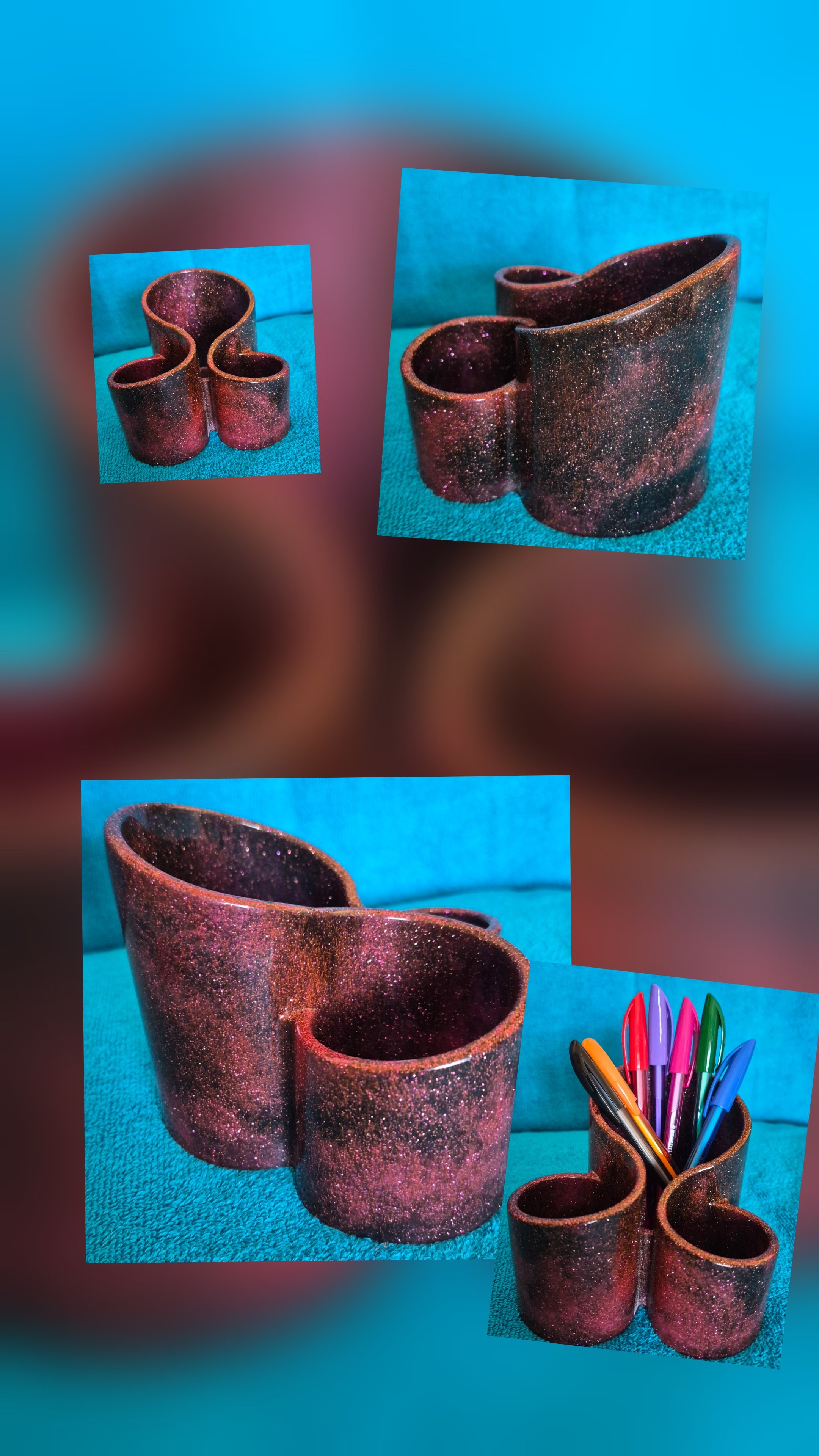 Red and black with gold glitter handmade resin pen pot
