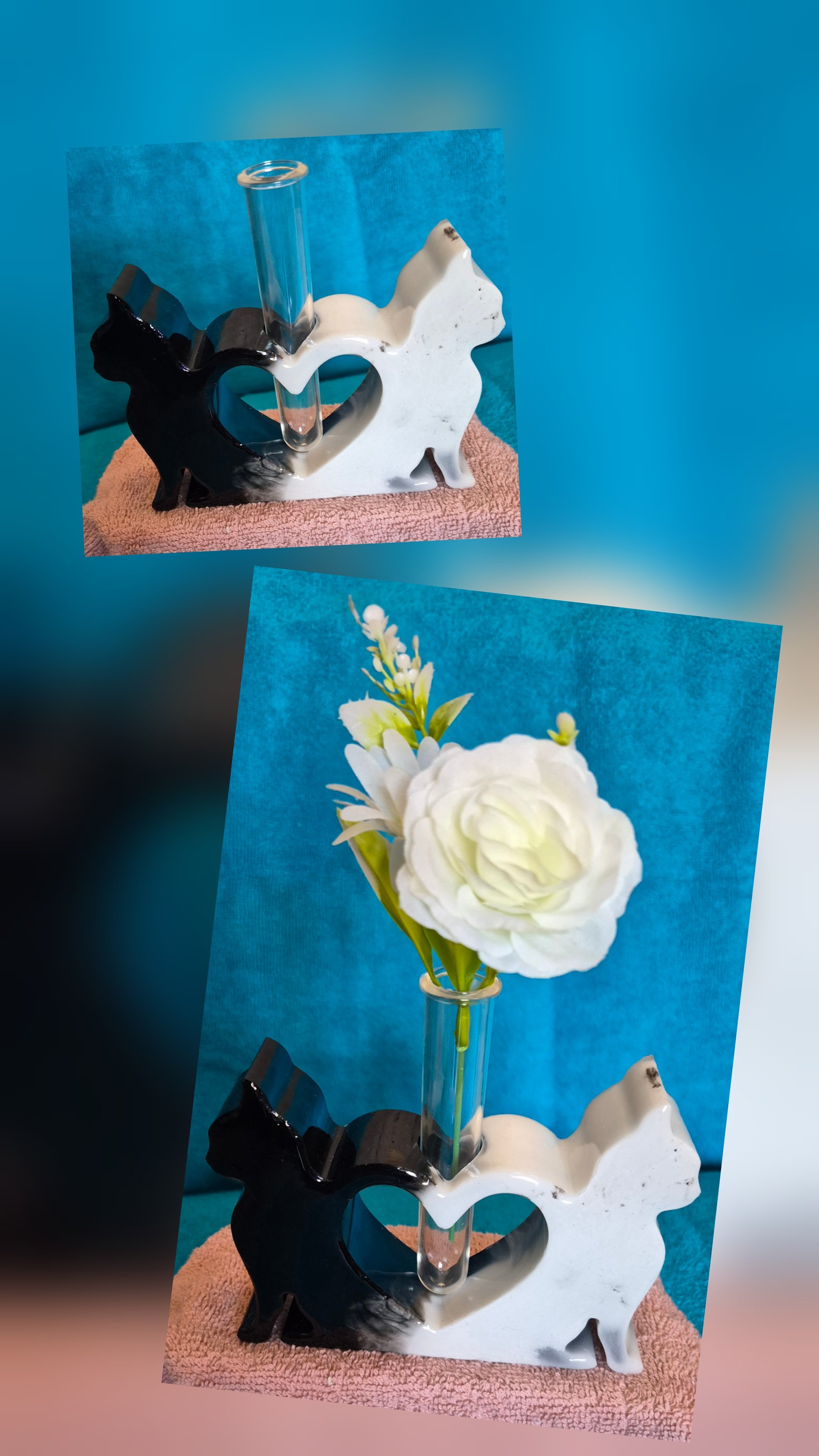 Cat vase, black and white handmade resin test tube vase