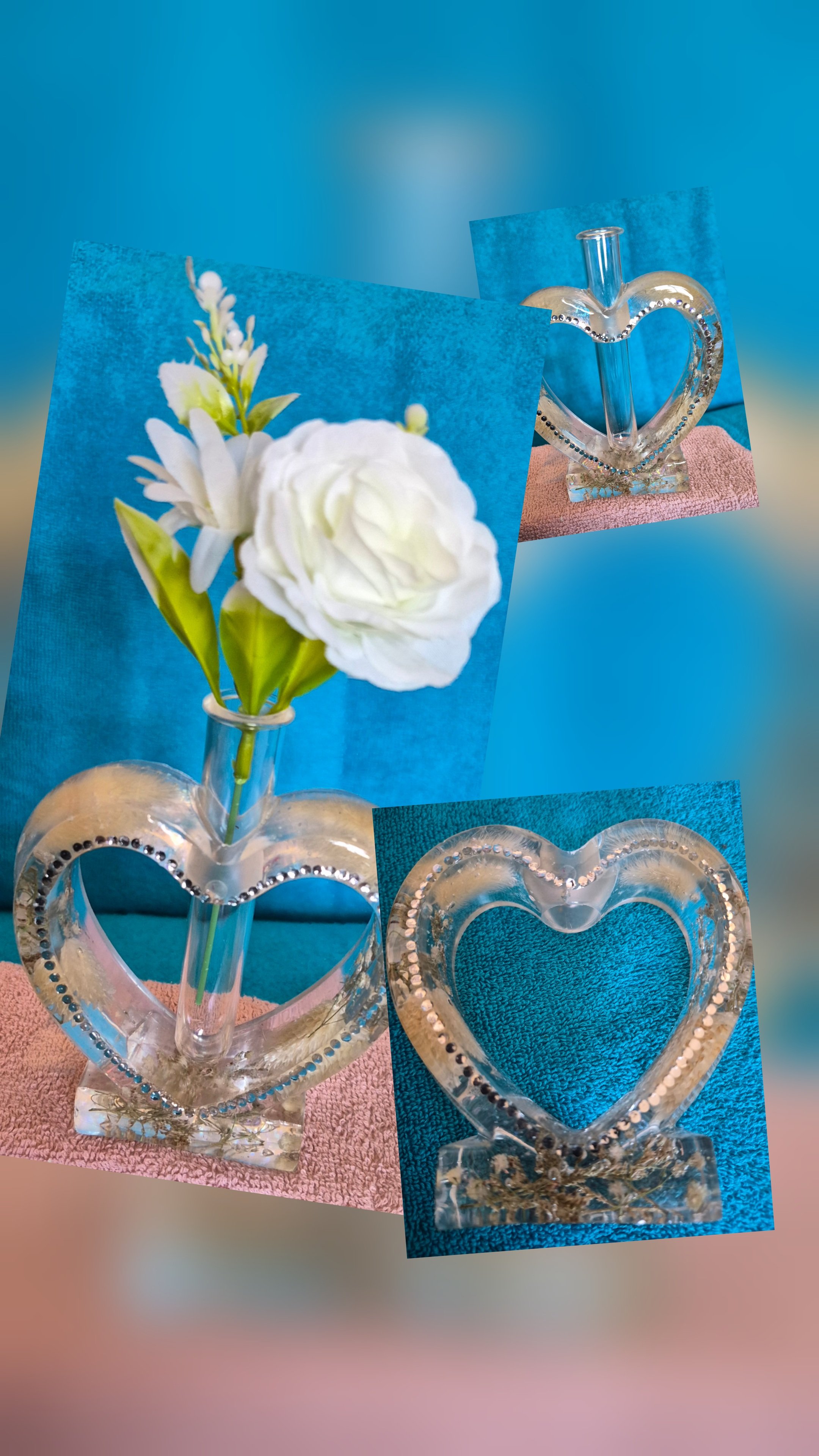 Heart shape,White dried flowers in handmade resin test tube vase