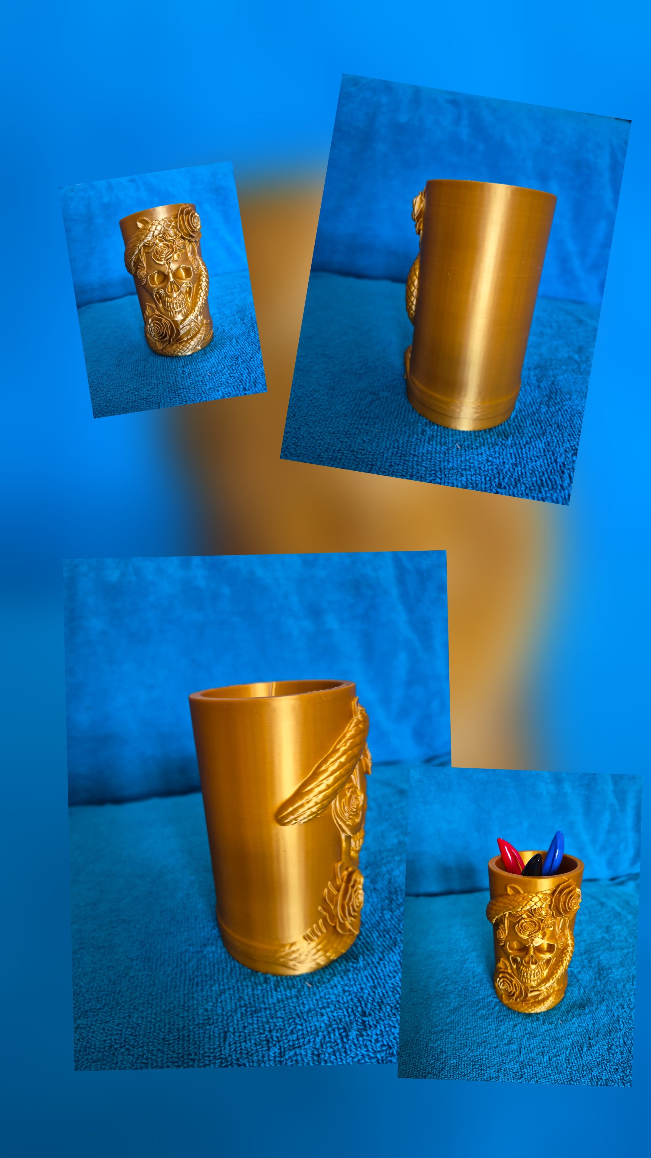 Gold skull and snake pen/brush holder