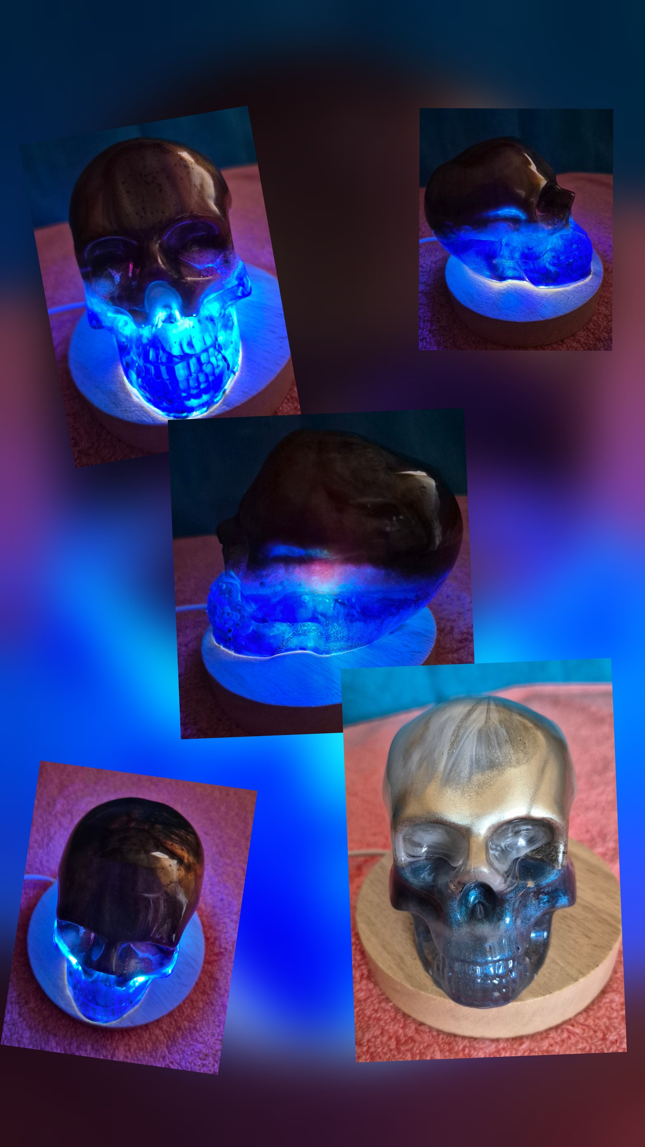 One of a kind,  pale gold, blue and clear handmade resin skull,  including base with light