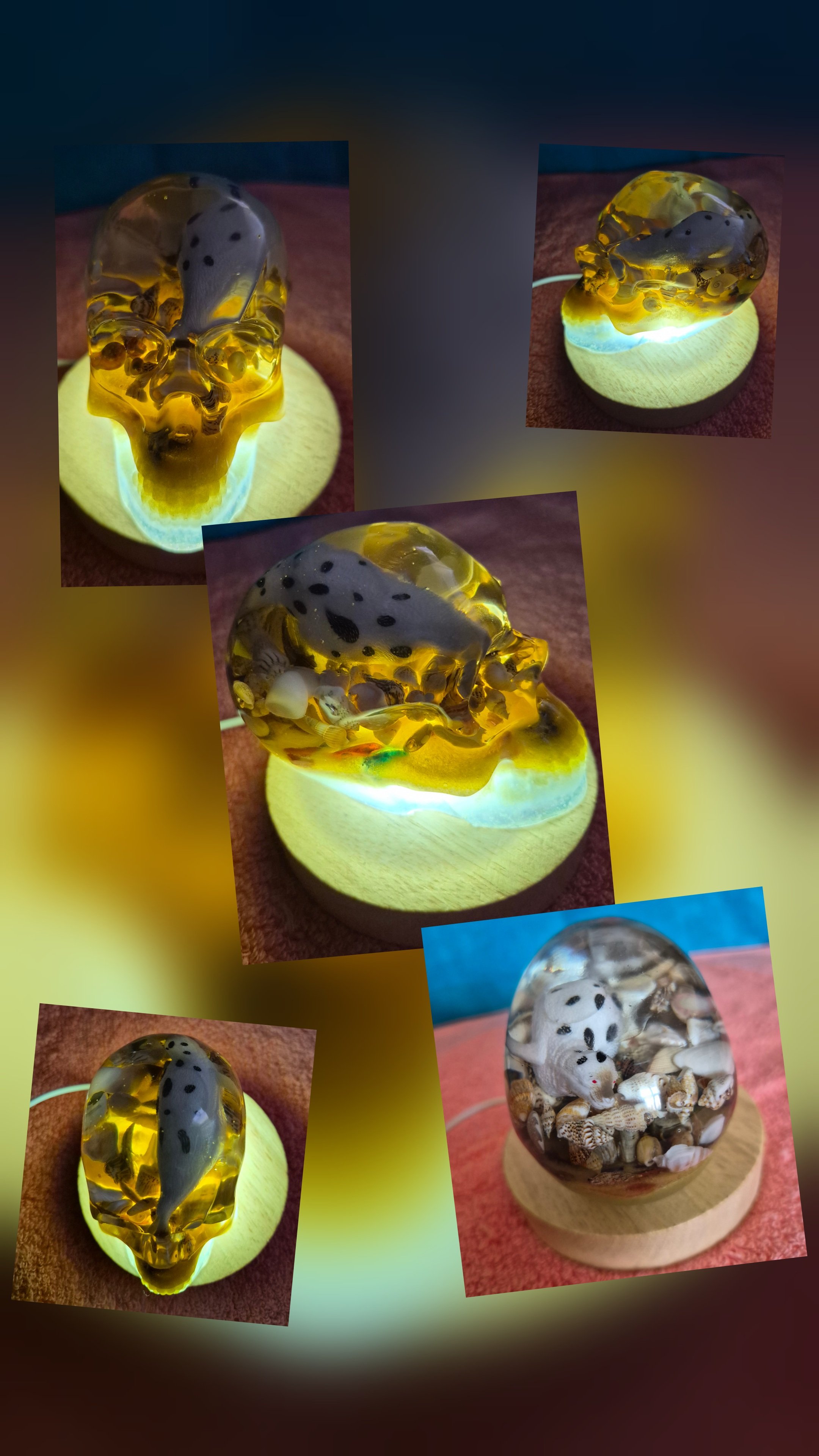 One of a kind,  seal on the beach handmade resin skull,  including the base with light