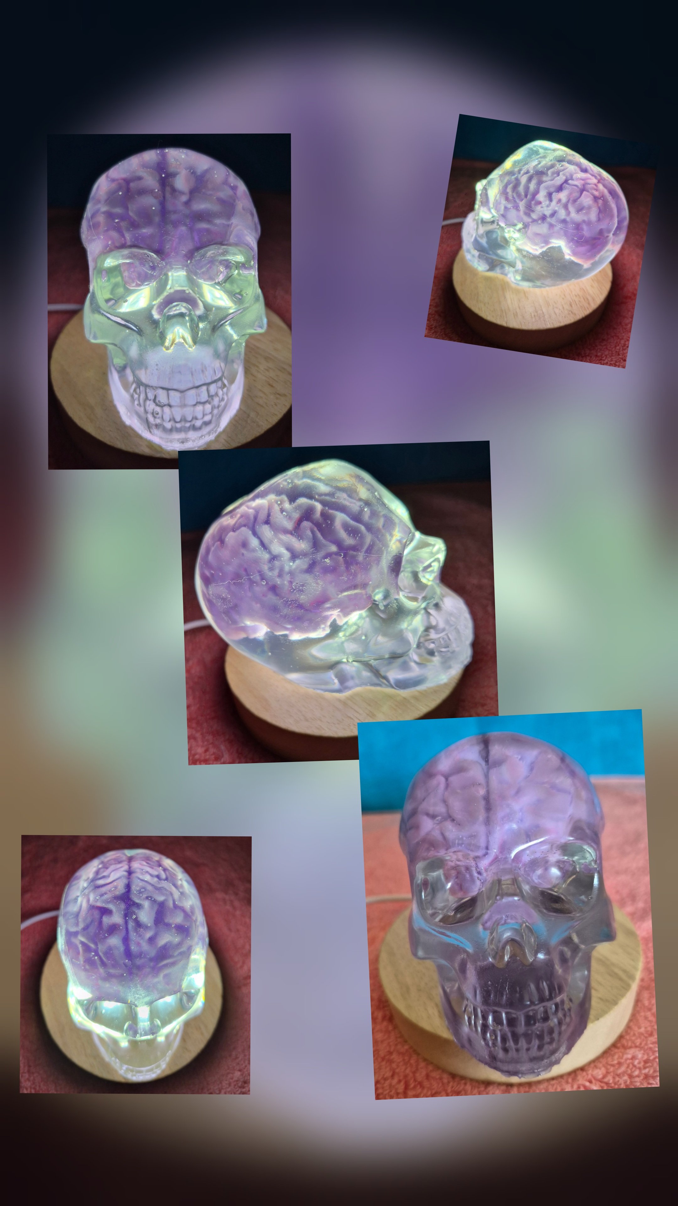 One of a kind,  glow in the dark purple brain in handmade resin skull,  base with light included