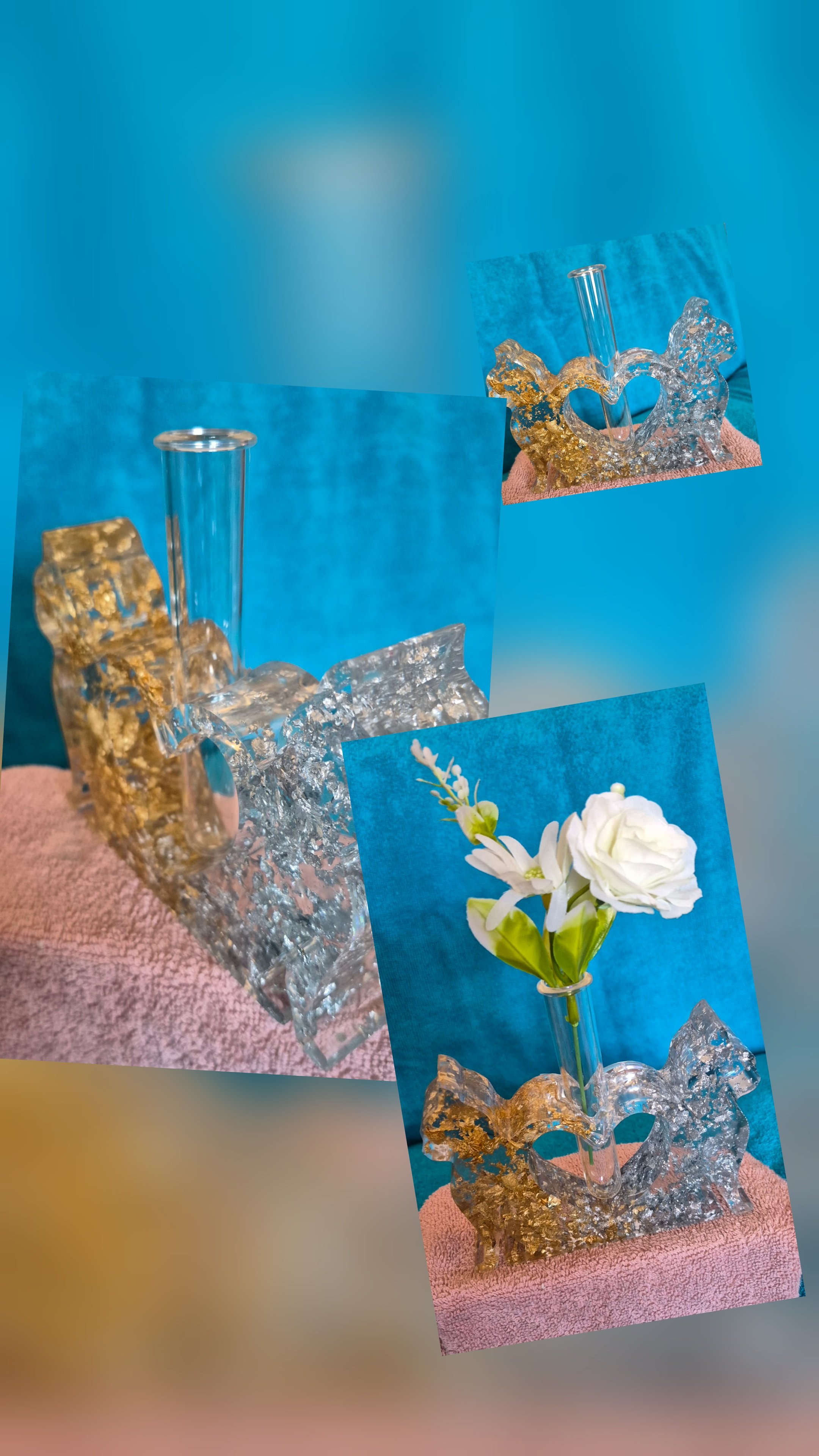 Gold and silver foil and clear handmade resin test tube vase. Flowers not included